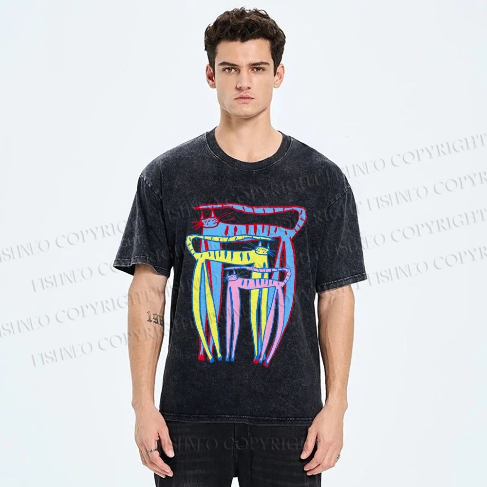 Unisex Abstract Colorful Cartoon Cat Printed Washed Tee