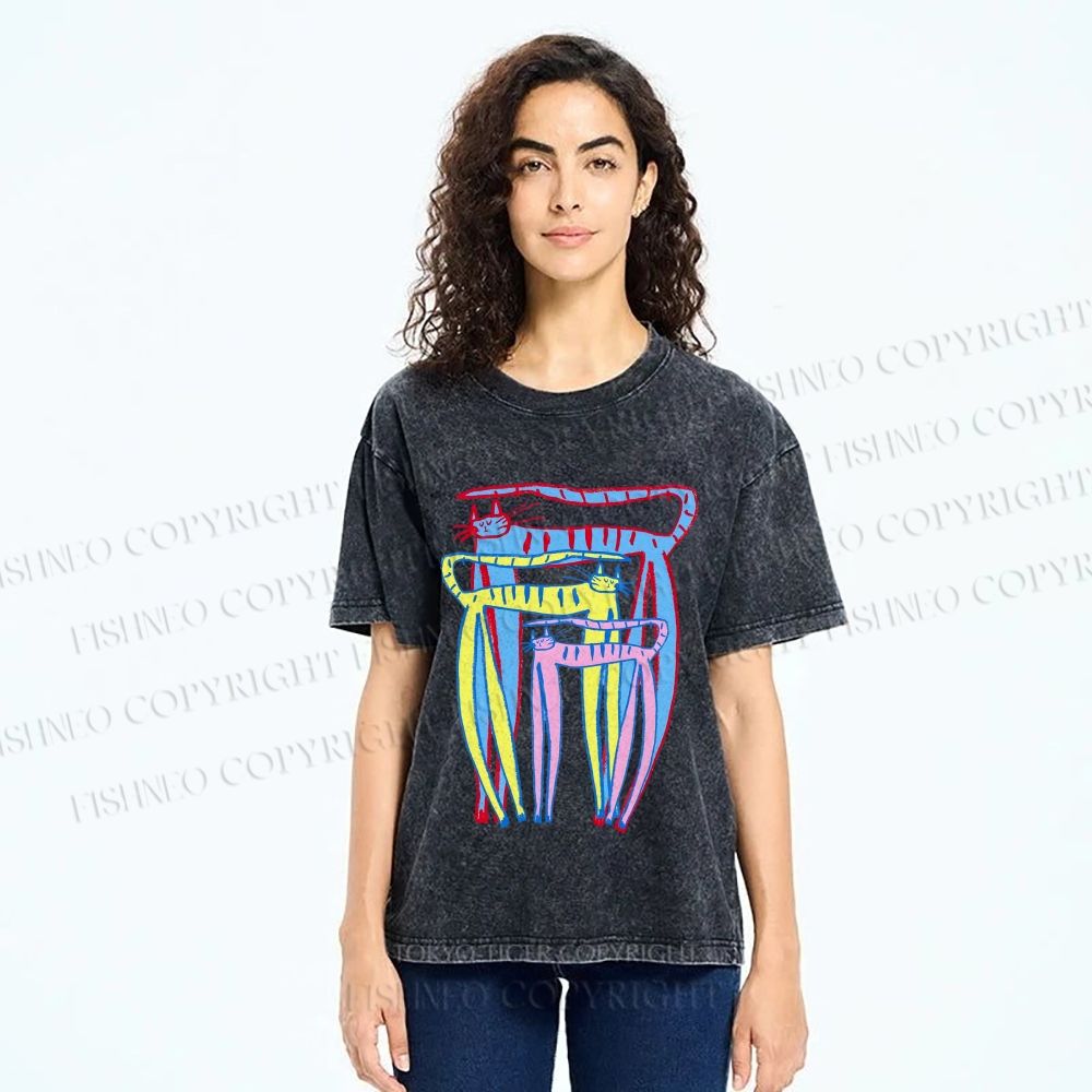 Unisex Abstract Colorful Cartoon Cat Printed Washed Tee
