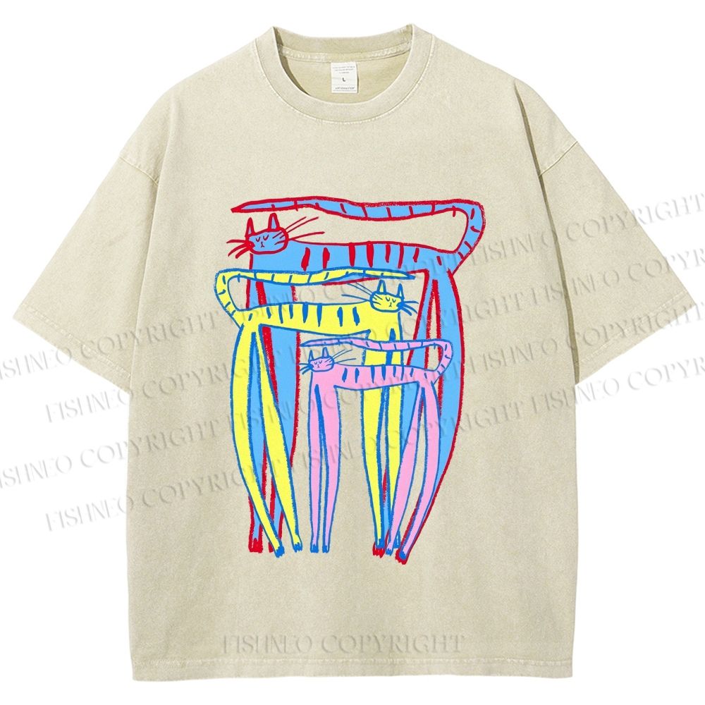 Unisex Abstract Colorful Cartoon Cat Printed Washed Tee