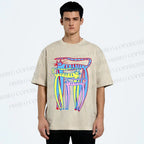 Unisex Abstract Colorful Cartoon Cat Printed Washed Tee