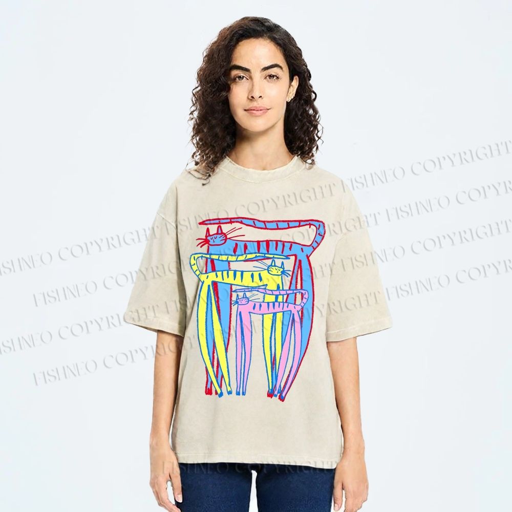 Unisex Abstract Colorful Cartoon Cat Printed Washed Tee