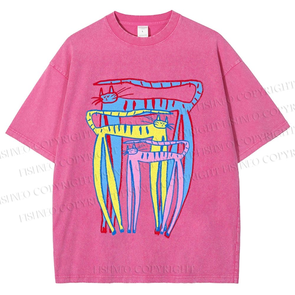 Unisex Abstract Colorful Cartoon Cat Printed Washed Tee