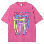Unisex Abstract Colorful Cartoon Cat Printed Washed Tee