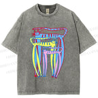 Unisex Abstract Colorful Cartoon Cat Printed Washed Tee