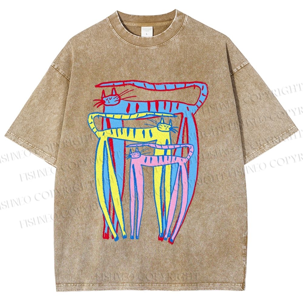 Unisex Abstract Colorful Cartoon Cat Printed Washed Tee