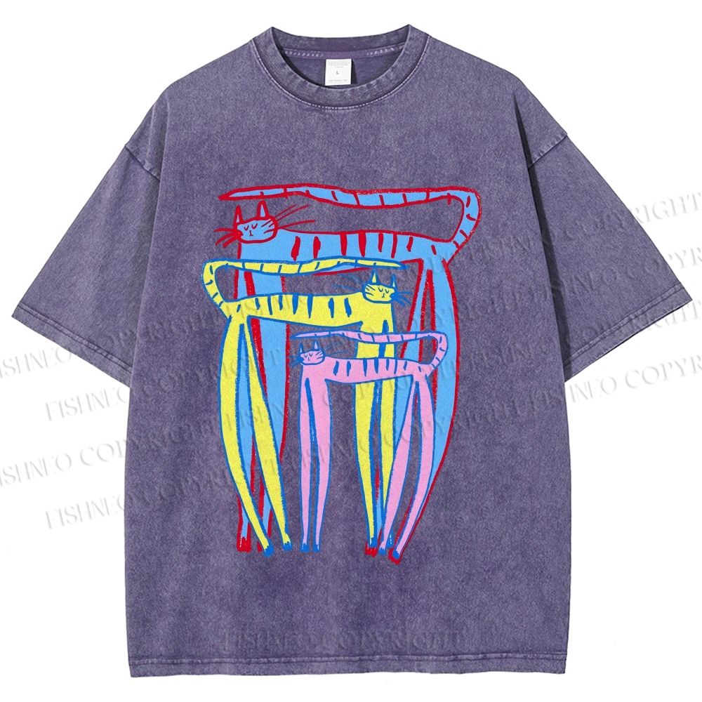 Unisex Abstract Colorful Cartoon Cat Printed Washed Tee