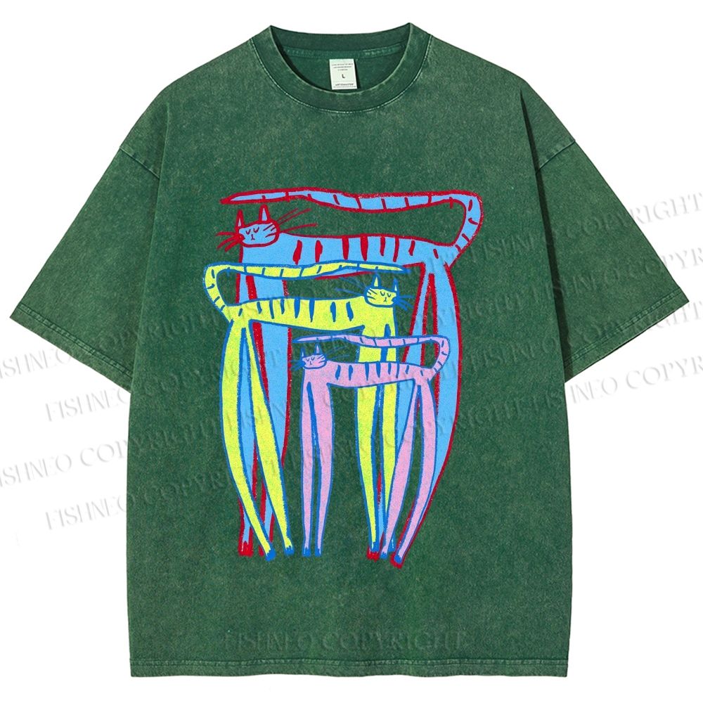 Unisex Abstract Colorful Cartoon Cat Printed Washed Tee