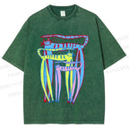 Unisex Abstract Colorful Cartoon Cat Printed Washed Tee