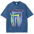 Unisex Abstract Colorful Cartoon Cat Printed Washed Tee