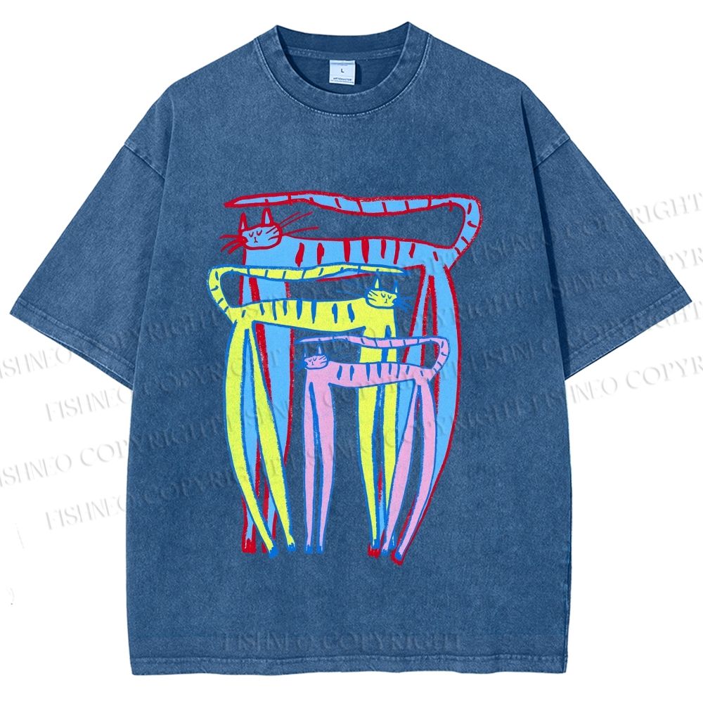 Unisex Abstract Colorful Cartoon Cat Printed Washed Tee