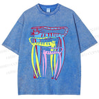 Unisex Abstract Colorful Cartoon Cat Printed Washed Tee