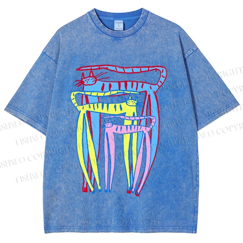 Unisex Abstract Colorful Cartoon Cat Printed Washed Tee