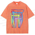 Unisex Abstract Colorful Cartoon Cat Printed Washed Tee