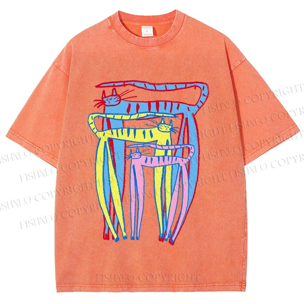 Unisex Abstract Colorful Cartoon Cat Printed Washed Tee