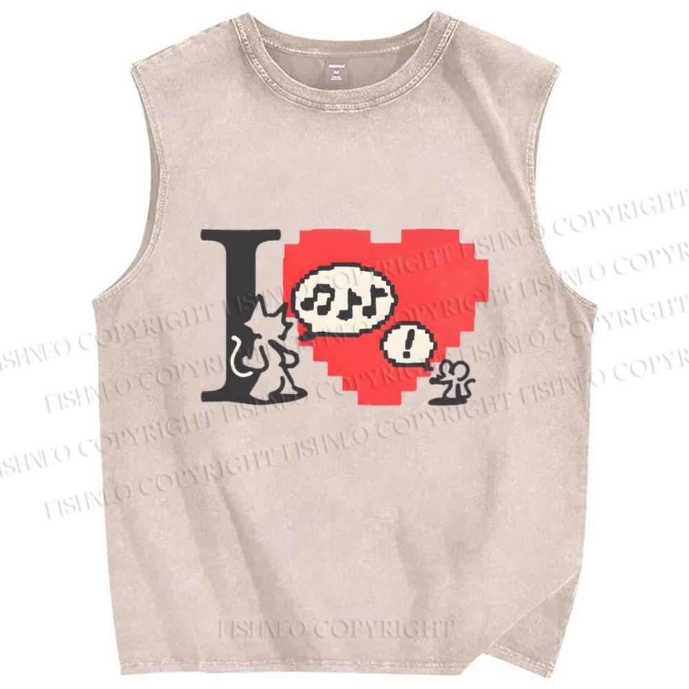 Unisex Cat Loves Mouse Printed Washed Tank Top