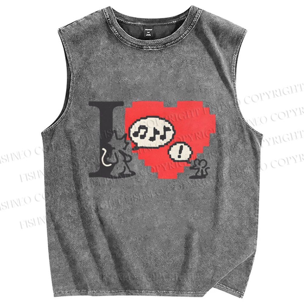 Unisex Cat Loves Mouse Printed Washed Tank Top