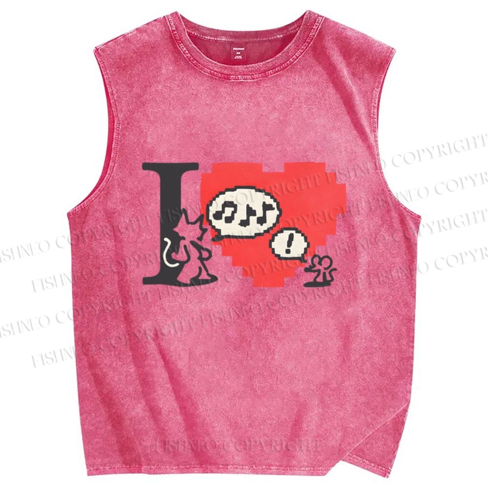 Unisex Cat Loves Mouse Printed Washed Tank Top