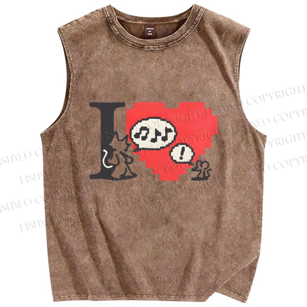 Unisex Cat Loves Mouse Printed Washed Tank Top