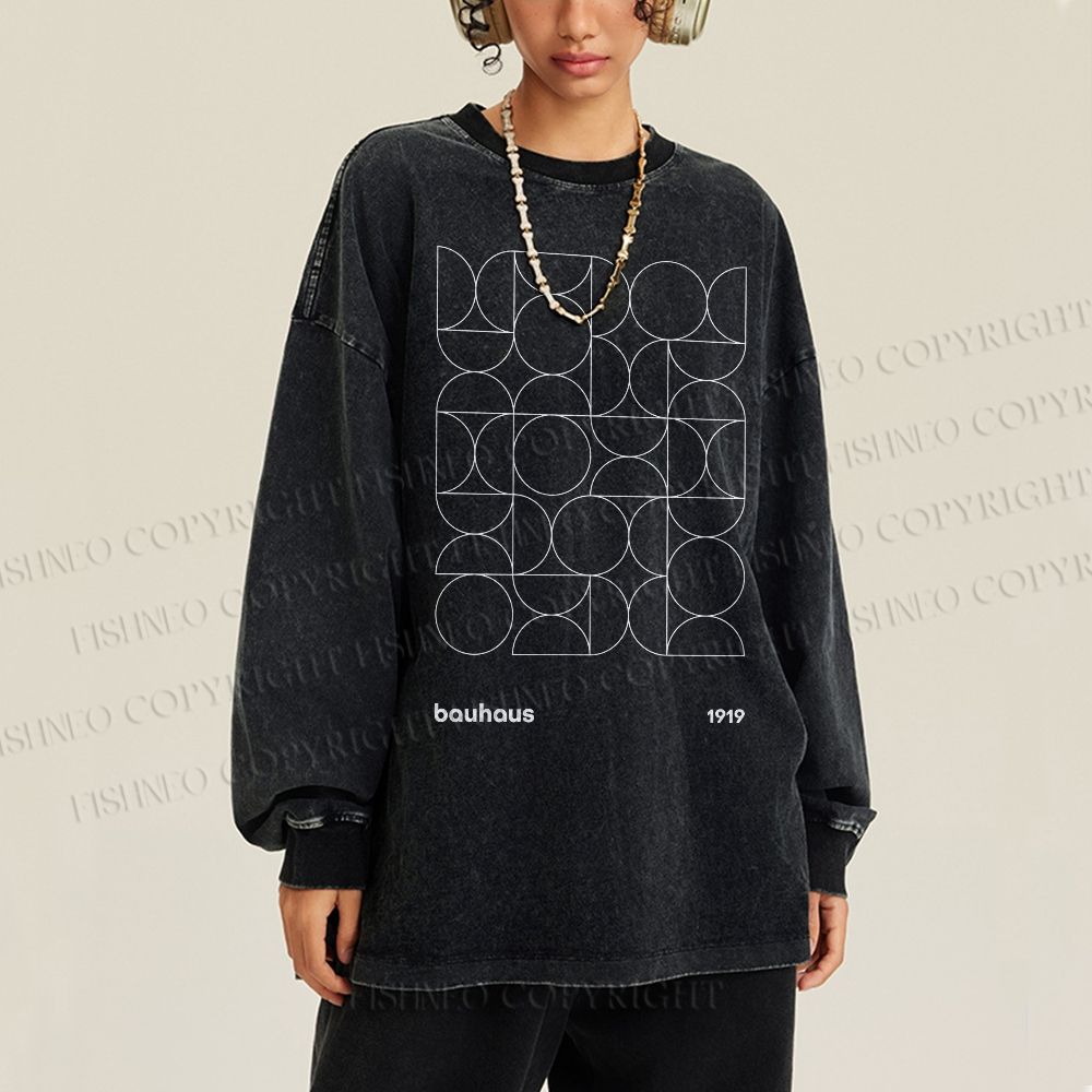 Unisex Casual Washed Bauhaus Geometry Printed Long Sleeve T-shirt