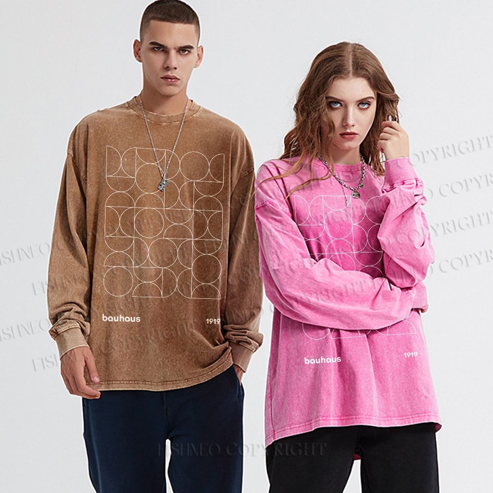 Unisex Casual Washed Bauhaus Geometry Printed Long Sleeve T-shirt