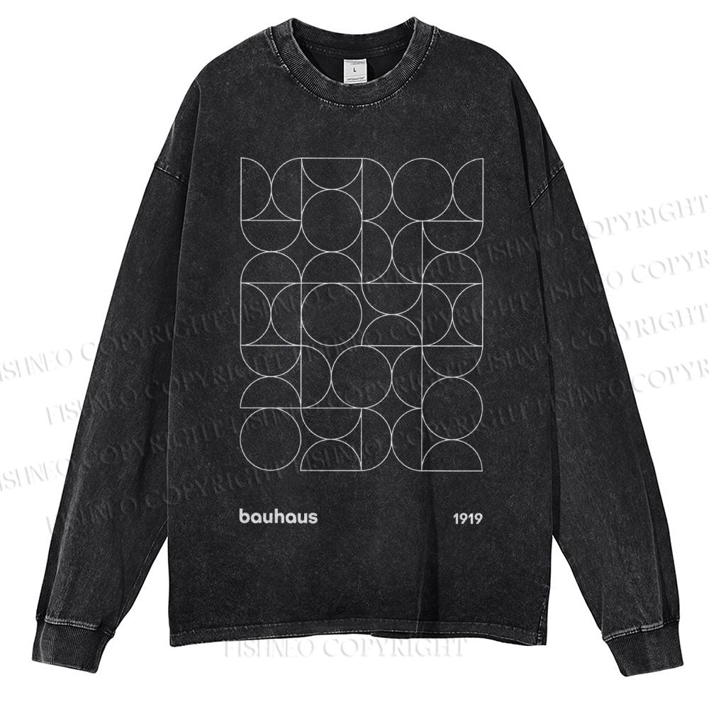 Unisex Casual Washed Bauhaus Geometry Printed Long Sleeve T-shirt
