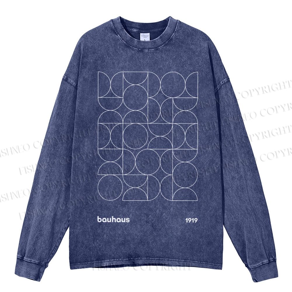 Unisex Casual Washed Bauhaus Geometry Printed Long Sleeve T-shirt