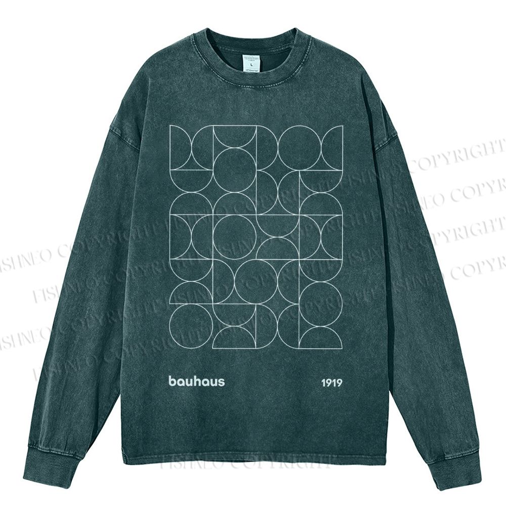 Unisex Casual Washed Bauhaus Geometry Printed Long Sleeve T-shirt