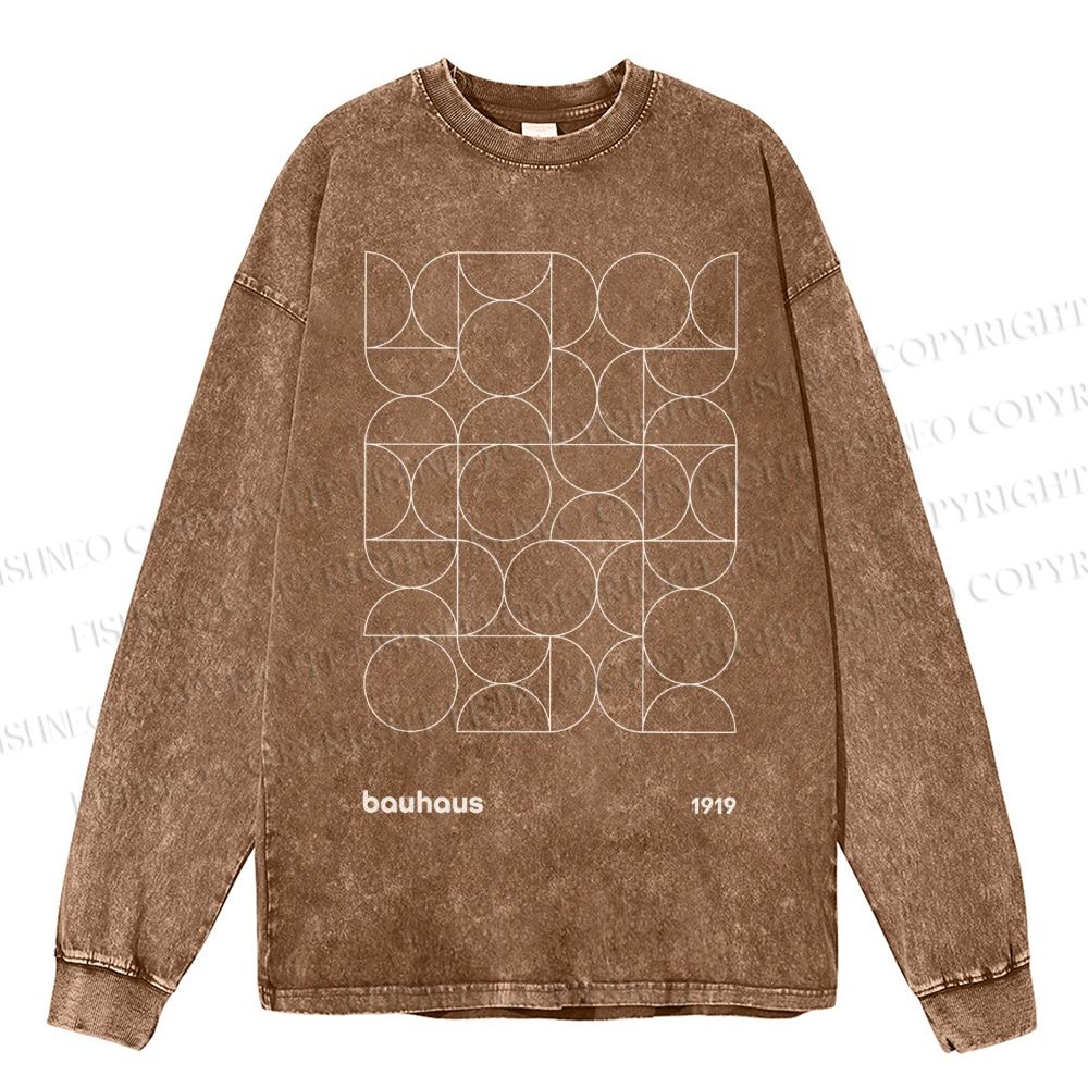 Unisex Casual Washed Bauhaus Geometry Printed Long Sleeve T-shirt