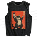 Unisex Japanese Sake Cat Printed Washed Tank Top