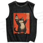 Unisex Japanese Sake Cat Printed Washed Tank Top
