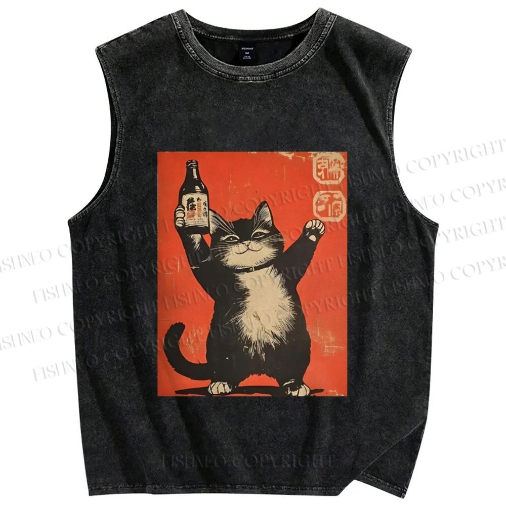 Unisex Japanese Sake Cat Printed Washed Tank Top