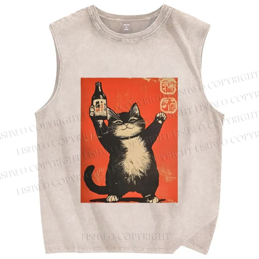 Unisex Japanese Sake Cat Printed Washed Tank Top