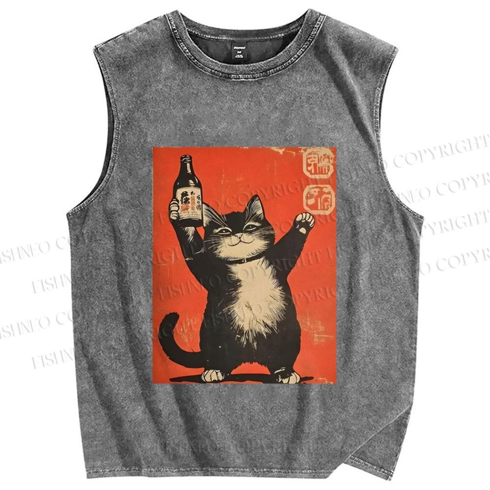 Unisex Japanese Sake Cat Printed Washed Tank Top