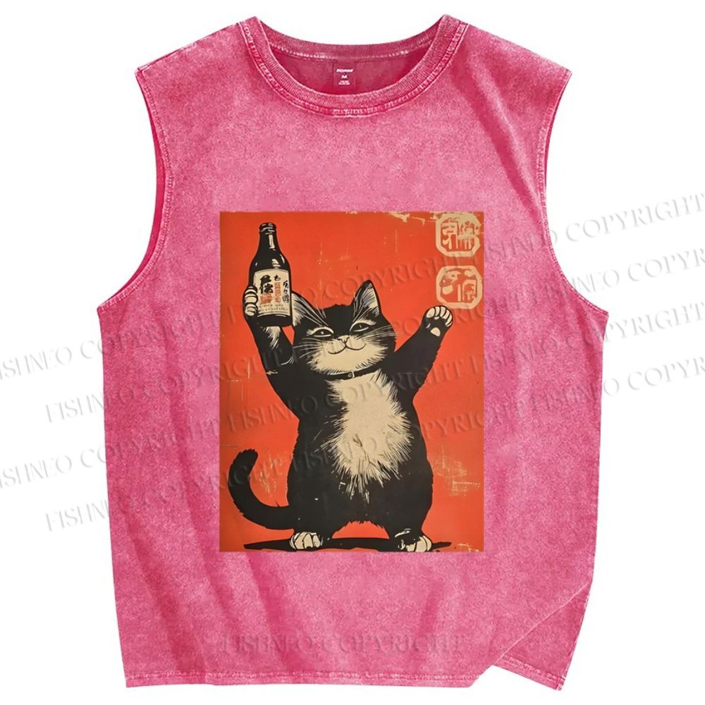 Unisex Japanese Sake Cat Printed Washed Tank Top