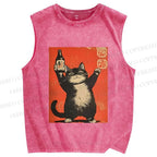 Unisex Japanese Sake Cat Printed Washed Tank Top