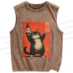 Unisex Japanese Sake Cat Printed Washed Tank Top