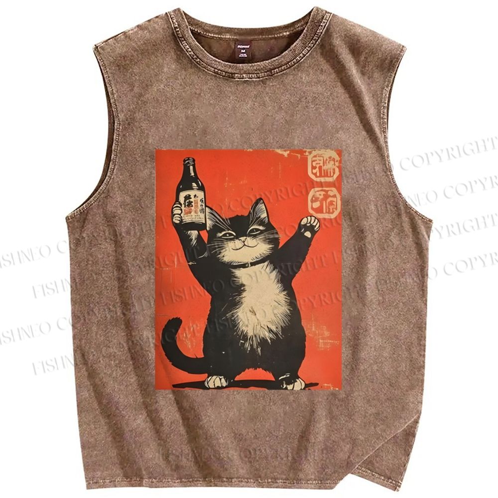 Unisex Japanese Sake Cat Printed Washed Tank Top