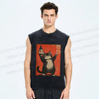 Unisex Japanese Sake Cat Printed Washed Tank Top
