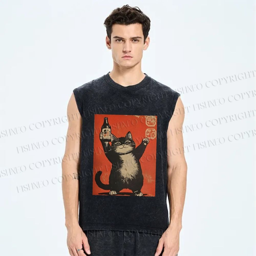 Unisex Japanese Sake Cat Printed Washed Tank Top