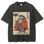 Unisex Japanese Vintage Frog Printed Washed Tee