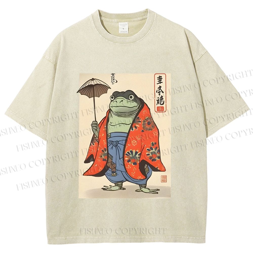 Unisex Japanese Vintage Frog Printed Washed Tee
