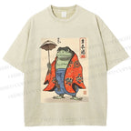 Unisex Japanese Vintage Frog Printed Washed Tee