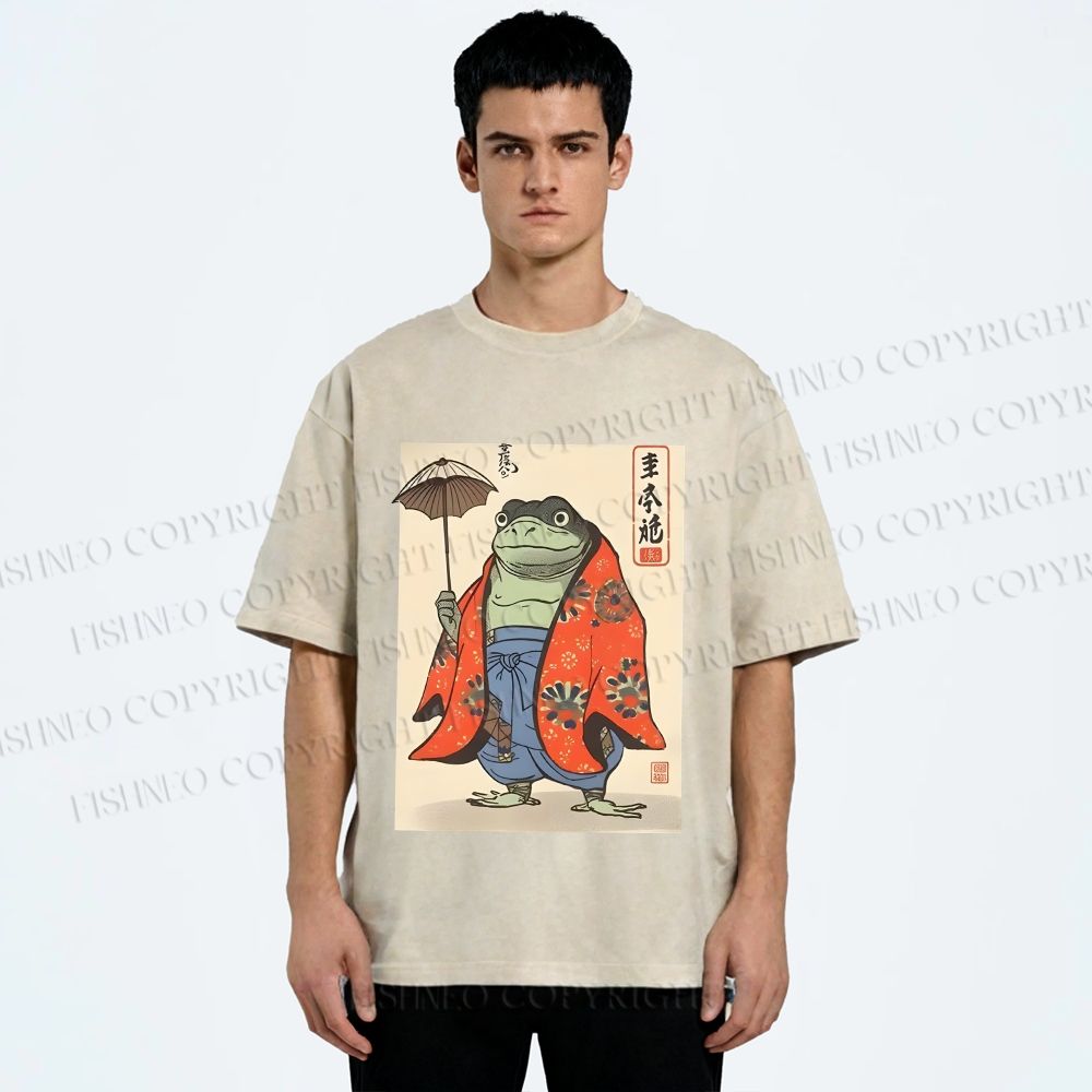Unisex Japanese Vintage Frog Printed Washed Tee