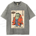 Unisex Japanese Vintage Frog Printed Washed Tee