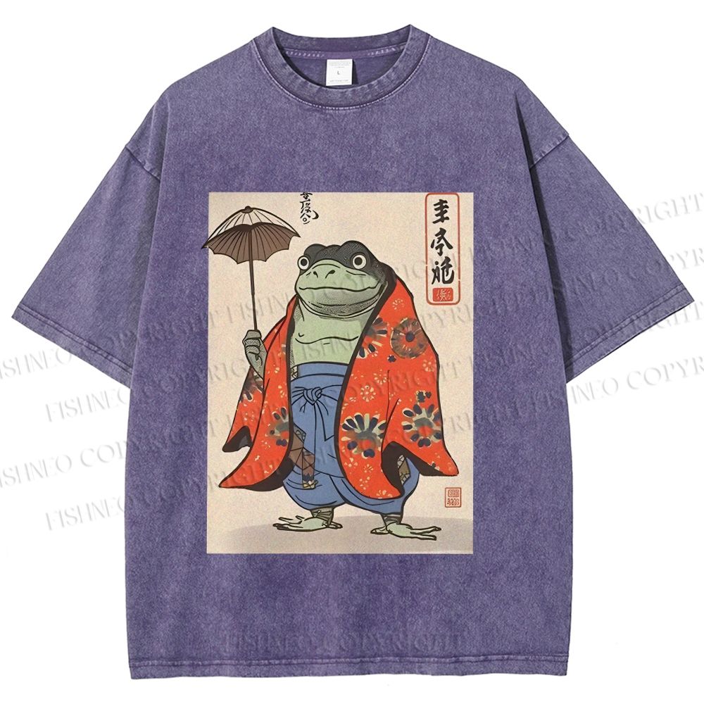 Unisex Japanese Vintage Frog Printed Washed Tee