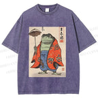 Unisex Japanese Vintage Frog Printed Washed Tee