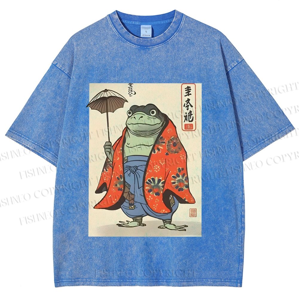 Unisex Japanese Vintage Frog Printed Washed Tee