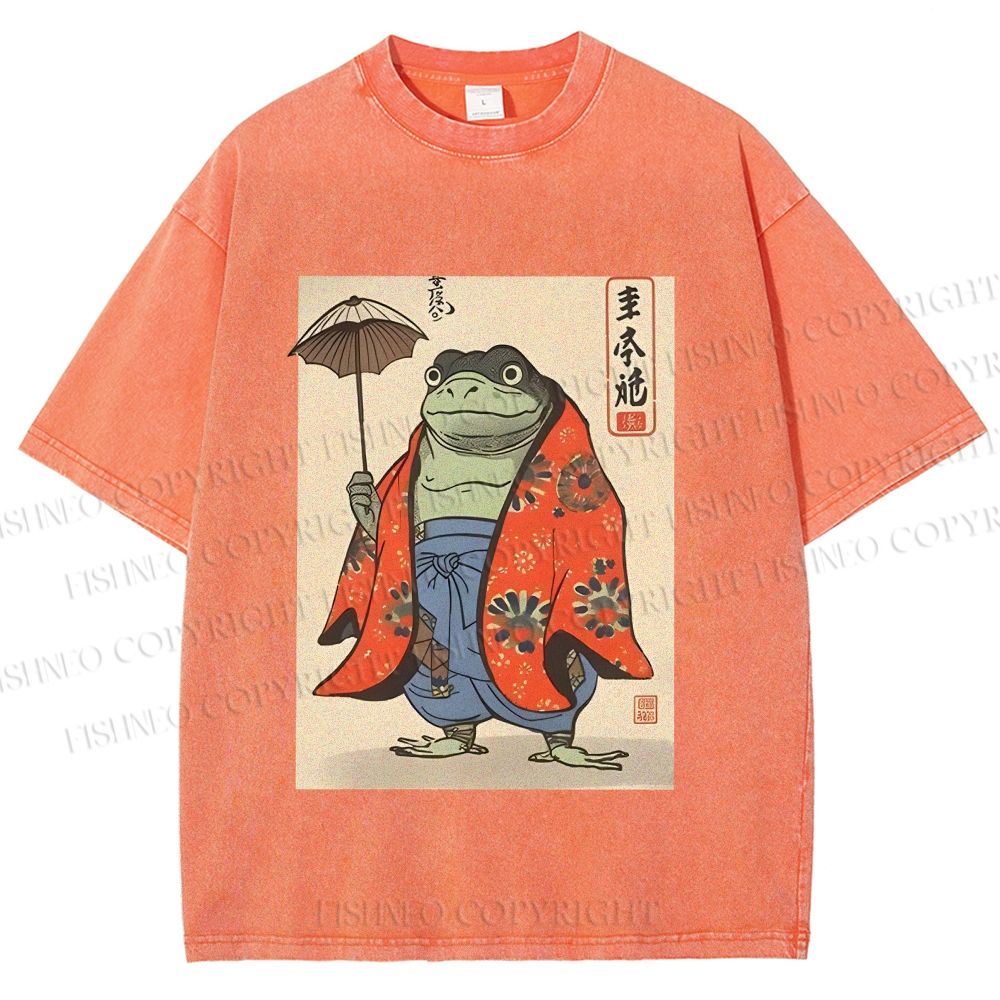 Unisex Japanese Vintage Frog Printed Washed Tee