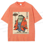 Unisex Japanese Vintage Frog Printed Washed Tee