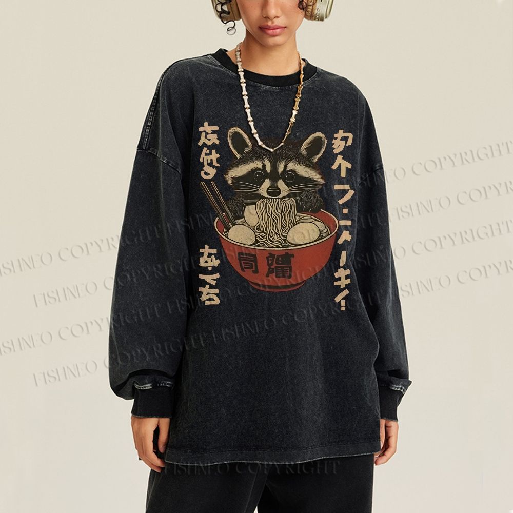 Unisex Casual Washed Ramen Raccoon Printed Long Sleeve T-shirt